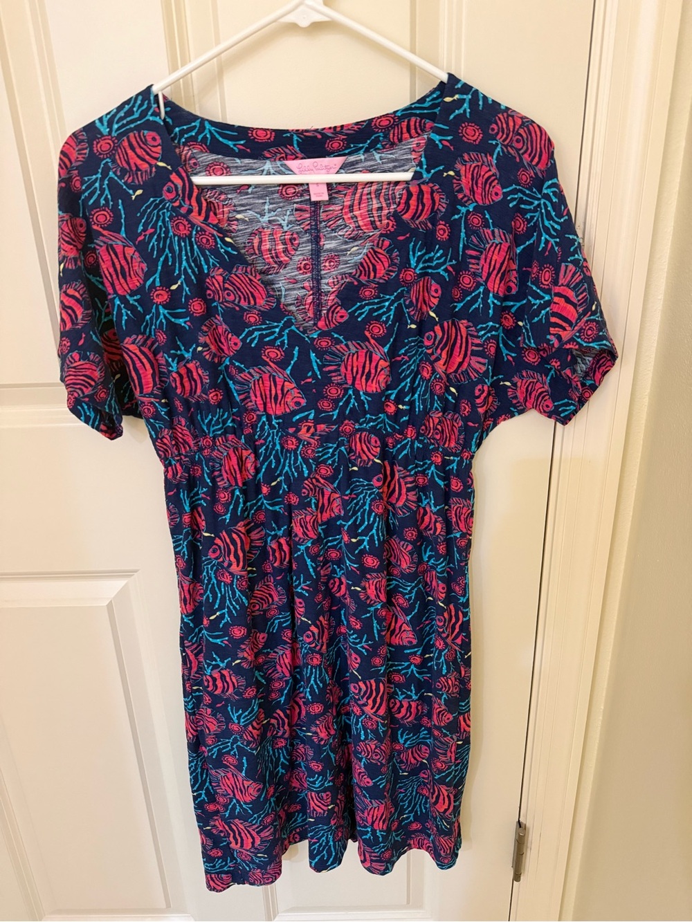 Lilly Pulitzer Navy Meg Dress with Pink and Teal fish and Coral Print